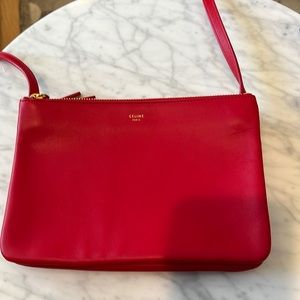 Red Celine trio bag 6X9 inches poppy red gold  hardware strap 21 inches like new